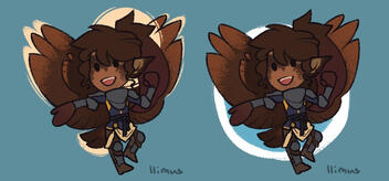 A character is displayed on a blank background twice. They are a brown angel with wings spread wide, one hand being held out to the viewer.