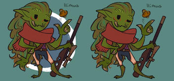 A character is displayed on a blank background twice. They are green and bipedal, with four arms and long hair. One hand is holding a rifle with a scope.