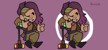 A character is displayed on a blank background twice. They are a human with long, purple hair in a side shave posing while leaning on a hammer. Their exposed head is covered by a cybernetic prosthesis.