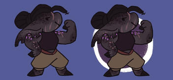 Tiny Token A character is displayed on a blank background twice. They are grey and bipedal with long ears and a snout. They are flexing their muscles for the viewer.