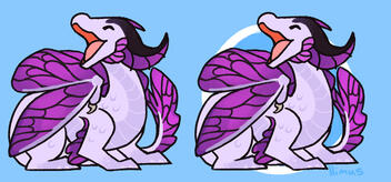 A character is displayed on a blank background twice. They are a silvery-purple dragon with butterfly wings and frills and they are yelling happily.