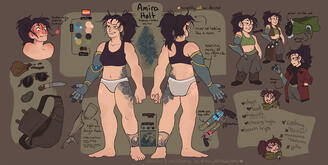 Reference Sheet A character displayed front-and-back for easy viewing and reference. They are a human with pale skin and dark hair, wearing a cybernetic prosthesis on their right arm.