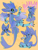 A feathered, dinosaur-like creature is displayed on a yellow background several times. They are blue-and-purple with four ears, a long, feathery tail, and they wear big round glasses. In one image, they pose cutely with one hand behind their head as they s