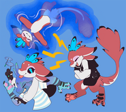 Reference Sheet A feathered, dinosaur-like creature is pictured three times over a light blue backround. They are red and cream colored with black tips and a bright blue crest. The first image shows them floating face-up in water, relaxing with their eyes closed. The seco