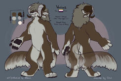 Reference Sheet A character displayed front-and-back for easy viewing and reference. They are a grey and brown catlike bipedal creature with horns and a long, fluffy tail.
