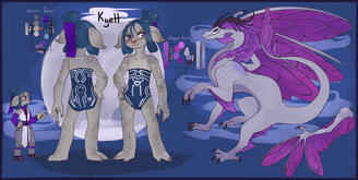 Reference Sheet A character displayed front-and-back for easy viewing and reference. They are a grey-skinned, rabbit-like character with short ears and blue hair. There is also a silver-and-purple dragon viewed in profile. Their wings and frills are similar to a butterfly