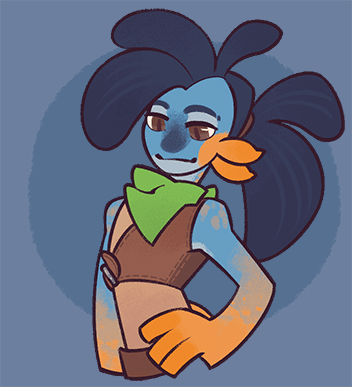 An animated gif featuring a blue-and-orange humanoid character with fins and gills. They are talking and occasionally raising their hand.