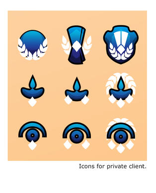 Discord Role Icons A set of 9 blue-and-white vector icons on a yellow background. There is a circle, a scroll, and a shield on the top row. There are three oil lamps on the middle row. There are three eyes on the bottom row. Each icon is adorned with laurels or pips to count