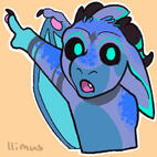 A blue-and-purple dragon character is looking at the viewer with an expression of bewilderment and pointing behind them, into the distance.