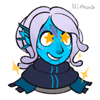 A blue person with white hair is looking at something unpictured with stars in their eyes.