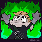 An intentionally poorly-drawn, rabbit-like character with pale skin and blond hair has their hands raised high over their head. Behind them is a sea of green fire.