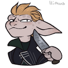 A rabbit-like character with pale skin and blond hair is looking at the viewer smugly. A knife is being pointed at them threateningly from the point of view of the viewer.