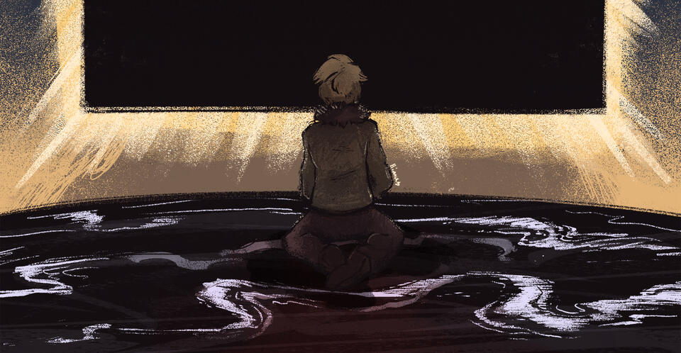 A character kneeling on black marble stares away from the viewer at a black pillar eclipsing the sun. The pillar is haloed in sunlight.