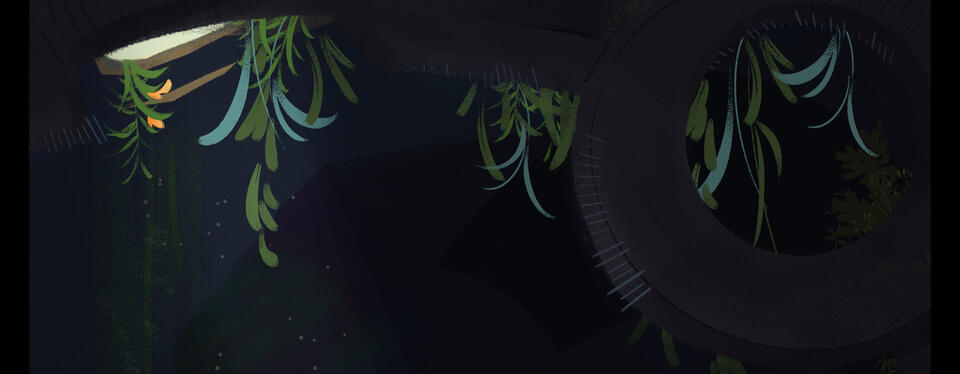 A dark ruin is pictured. Plants hang from the ceiling, especially dense around a hole that is letting in a small amount of sunlight.